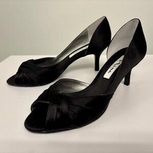 NIB elegant black satin open toe Nina heels womens size 8
